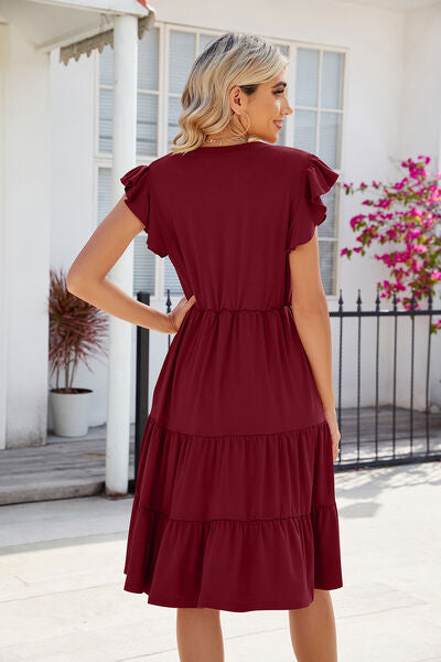 Ruched Notched Cap Sleeve Dress