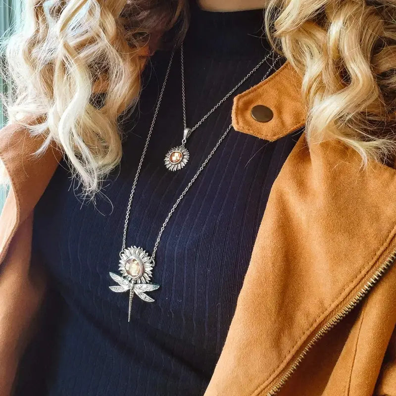 Layered Sunflower and Dragonfly Necklace