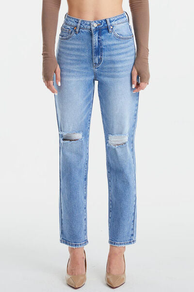 BAYEAS High Waist Distressed Cat's Whiskers Washed Straight Jeans