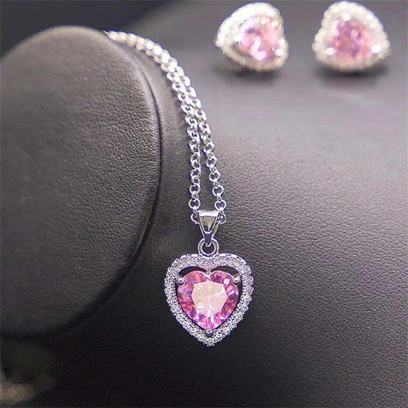 Pink Heart Necklace and Earrings Set