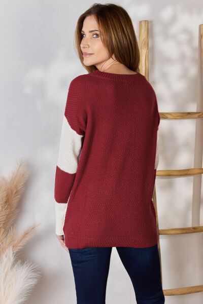 Hailey & Co Full Size Color Block Dropped Shoulder Knit Top