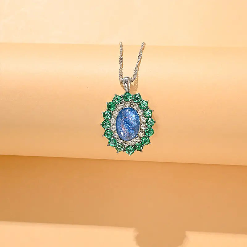 Glitter Opal and Rhinestone Pendant Short Necklace