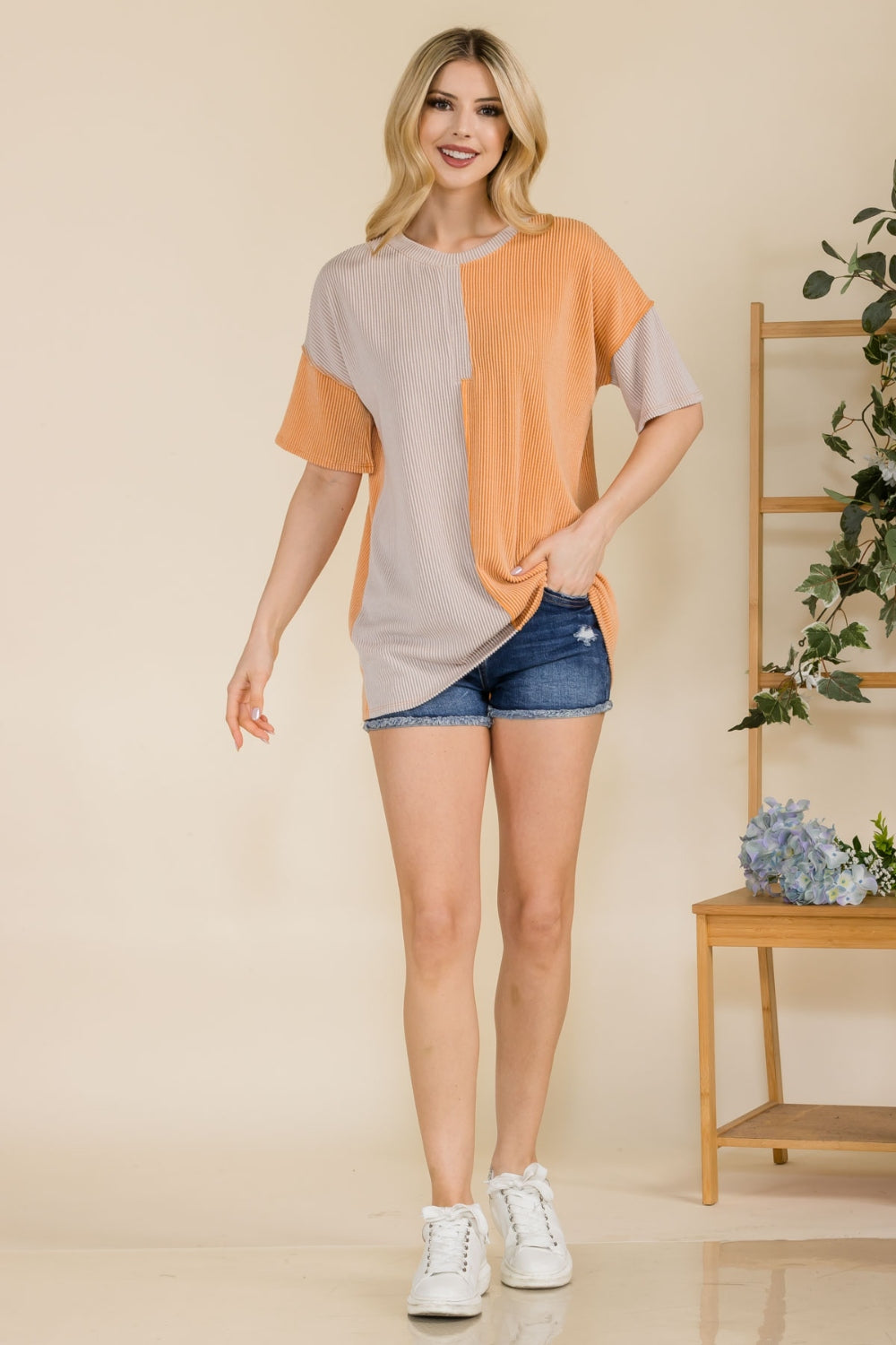 Celeste Full Size Ribbed Color Block Short Sleeve T-Shirt