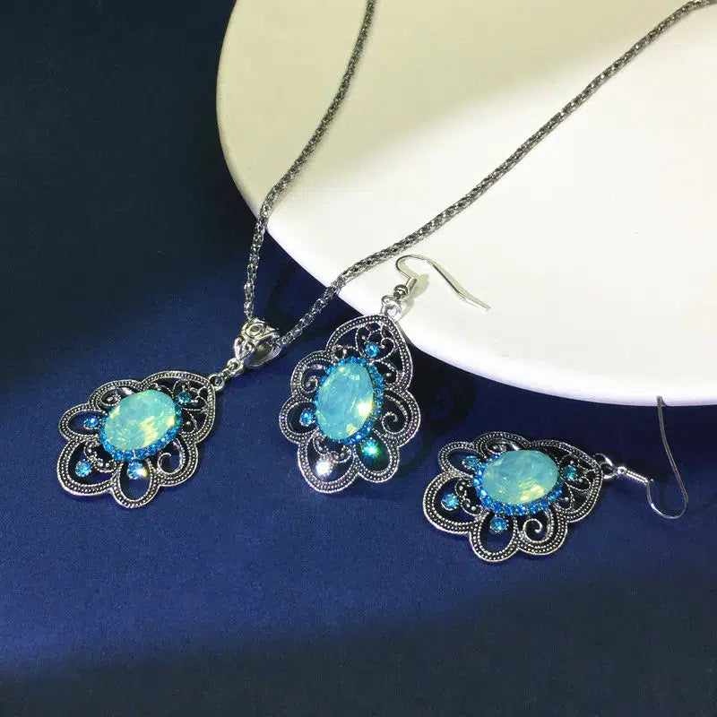 Blue Crystal Necklace and Earrings Set
